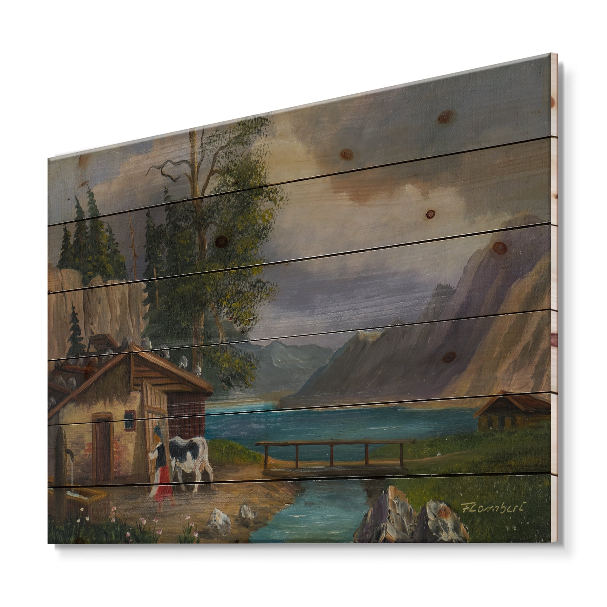 Designart 'Girl Brings The Cow Into The Stable At A Lake' Farmhouse Print on Natural Pine Wood