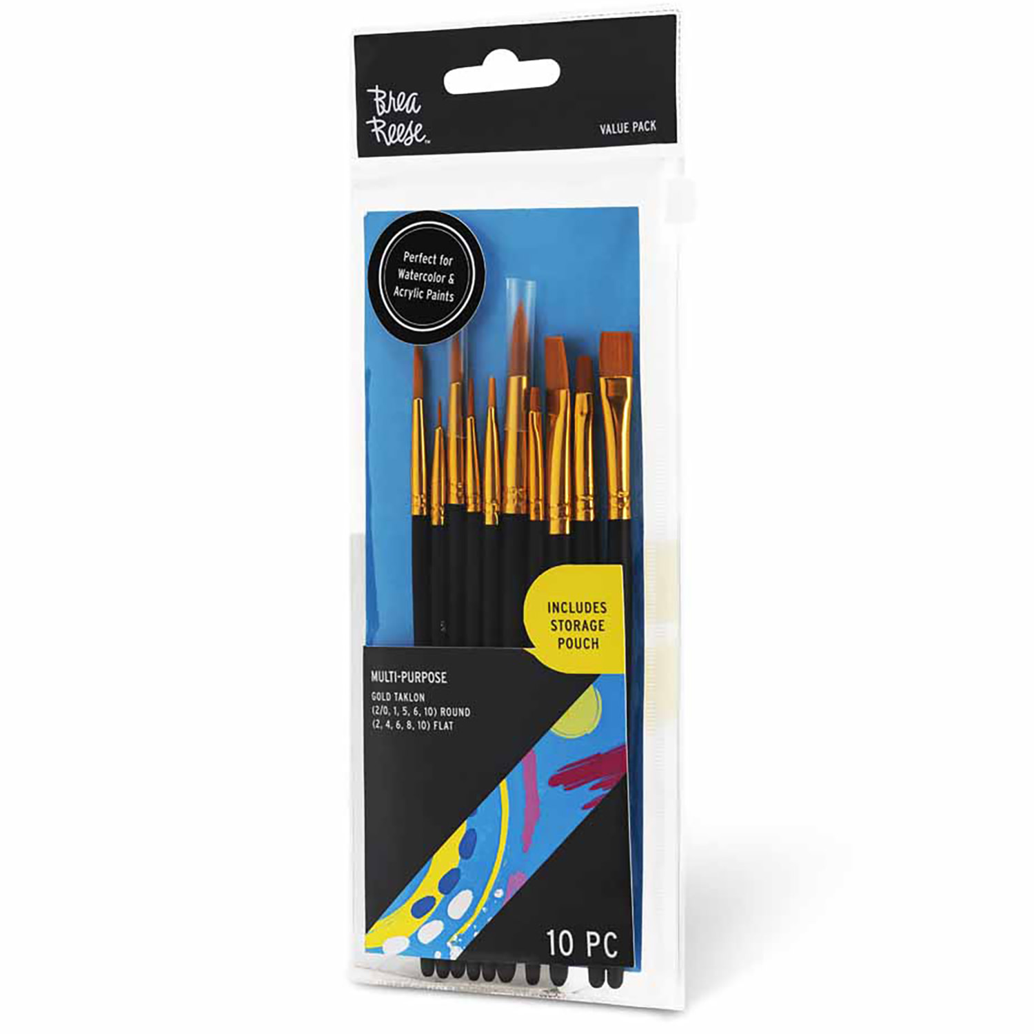 Brea Reese: Brush Set: Value Pack - 10pc - Gold Taklon Bristles, Storage Pouch, Perfect for Watercolor & Acrylic Paints, Adult Art Supplies