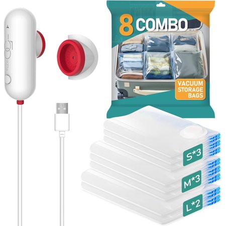 8 Pack Vacuum Storage Bags for Clothing Travel with Mini USB Pump, Reusable Compression Bags, Space Saver Bags for Clothes, Traveling Essentials