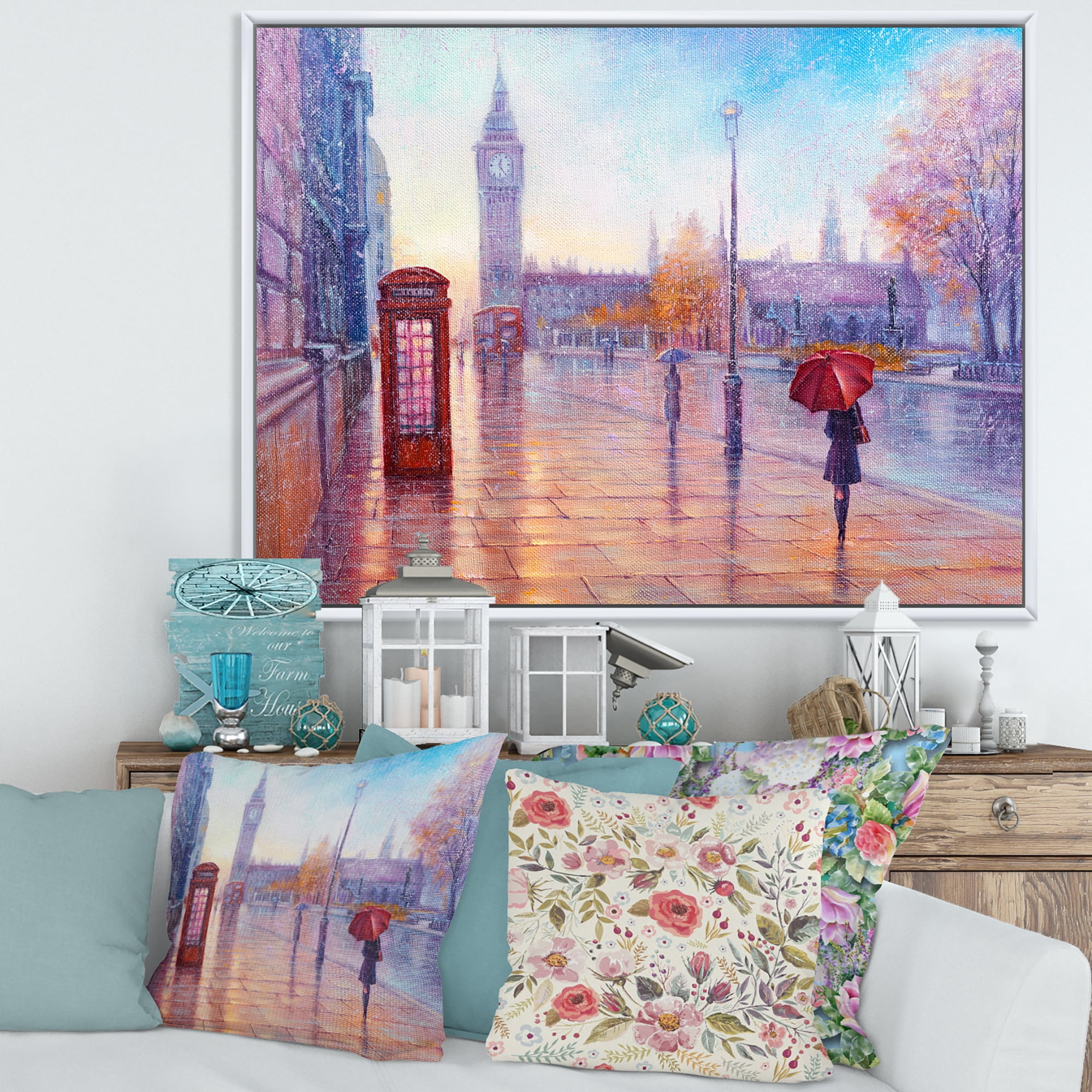 Designart 'Big Ben and Woman With Red Umbrella In London Street' French Country Framed Canvas Wall Art Print