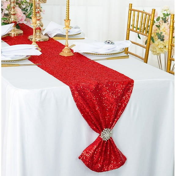 Wedding Linens Inc. 12"x108" Sequin Taffeta Table Runner for Wedding, Luxury Events, Party use - Red