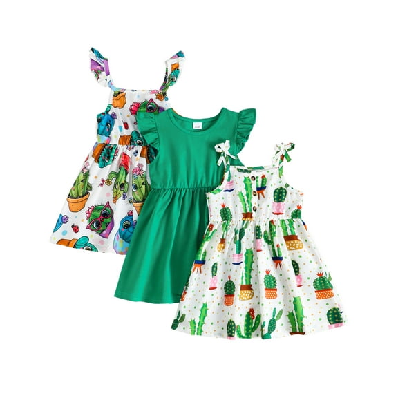 KIMI BEAR 2T Toddler Girls Dress 3T Summer Clothes Sleeveless Off-the-shoulder A-line Dresses Solid Color Cactus Print Casual Clothing 3PCS Green