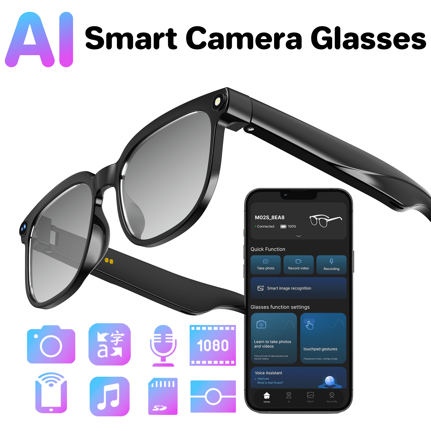 AI Smart Glasses with Camera & ChatGPT, Hands-Free1080P Video, Real-Time Translation, 7H Playtime, Open-EarAudio, BT5.3,Detachable Lenses for Travel Vlog