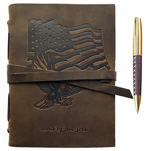 Cuaderno cuero hombres/mujeres, regalo patriótico estampado EE. UU. y águila con pluma, vintage, dibujo, planificador A5 (8x6)