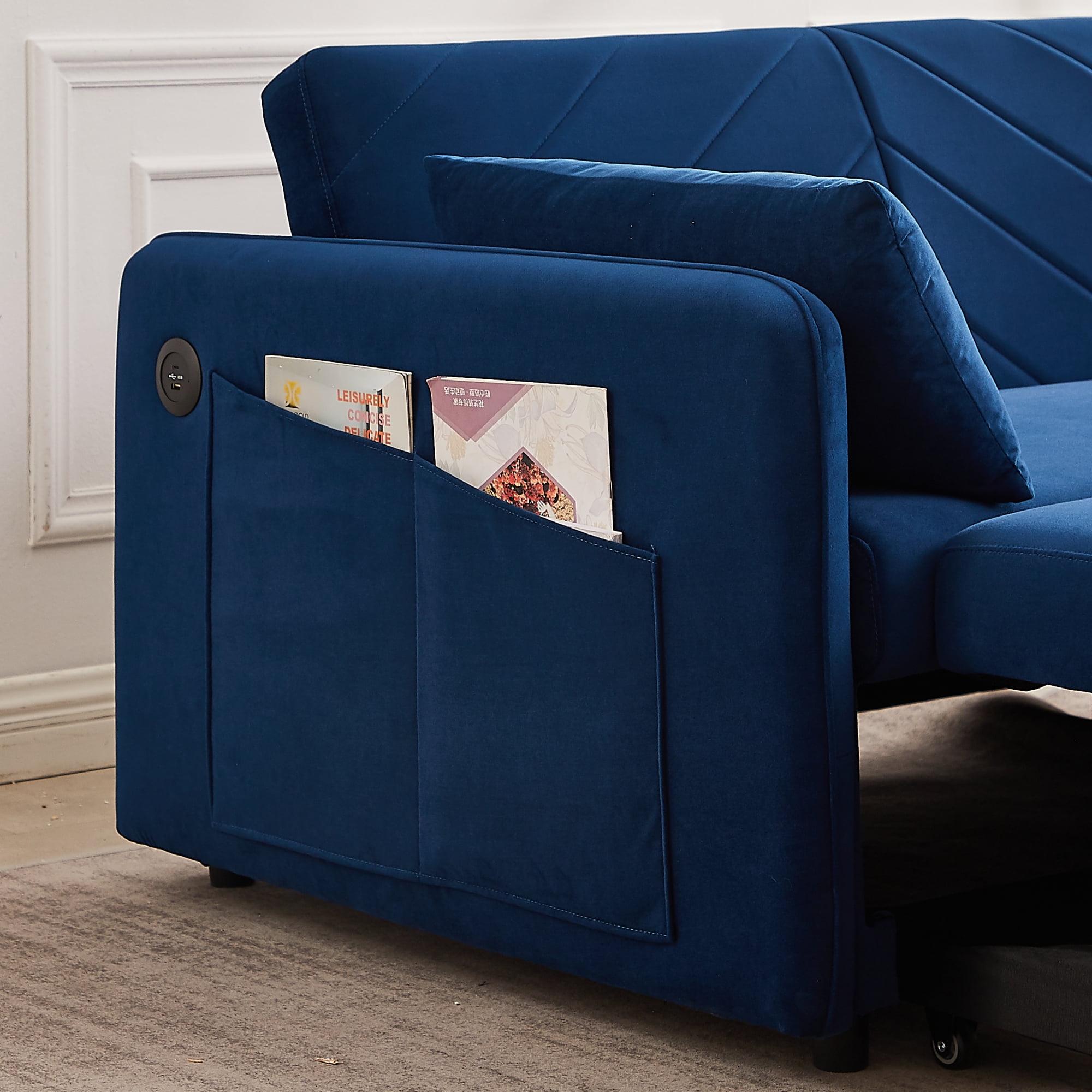 55" Convertible Sleeper Sofa Bed,3 in 1 Convertible Sleeper Loveseat with USB Ports,Modern Velvet Pull Out Sofa Bed with 2 Pillows and Rivet Design for Living Room Furniture,Blue