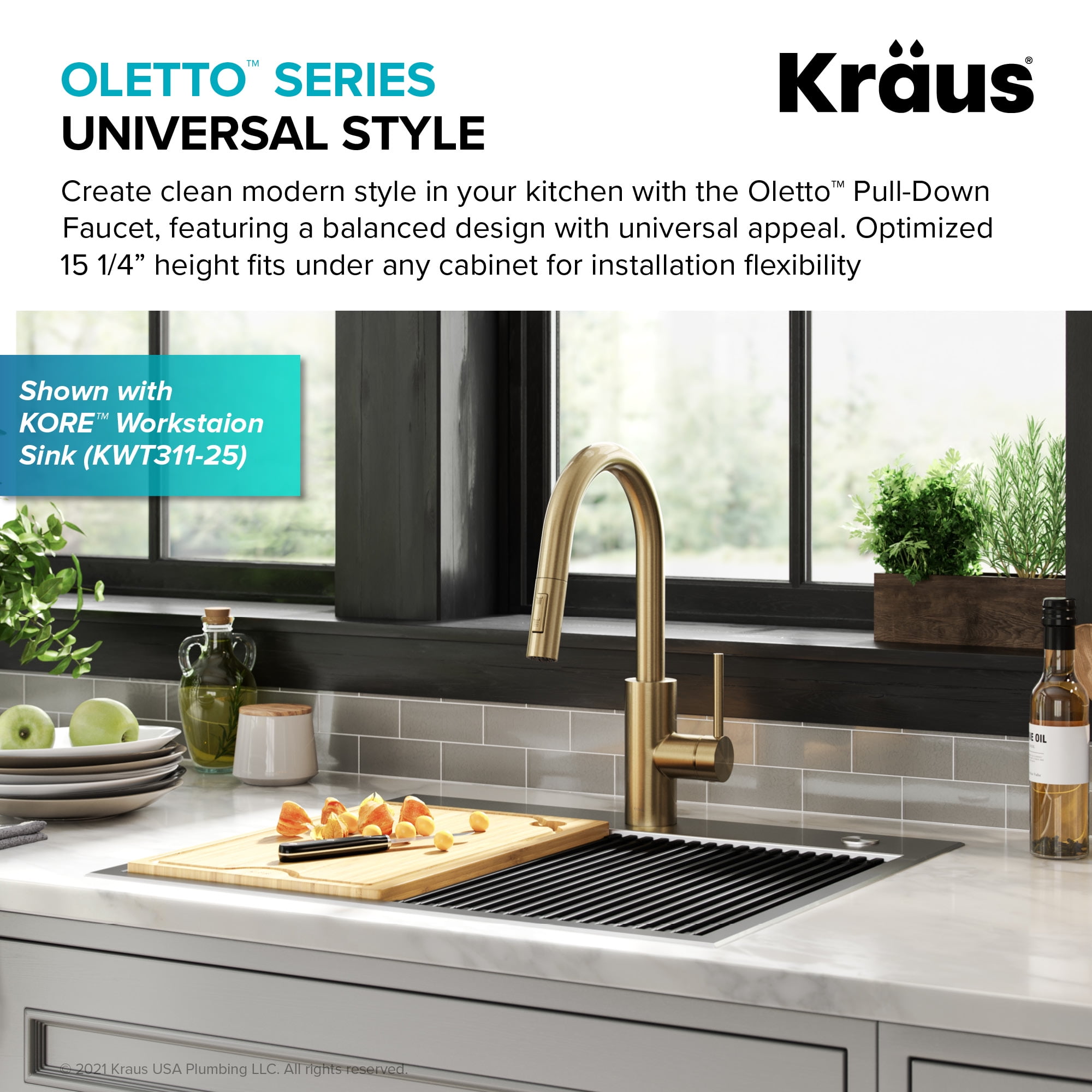 KRAUS Oletto Single Handle Pull Down Kitchen Faucet with QuickDock Top Mount Installation Assembly in Spot Free Antique Champagne Bronze