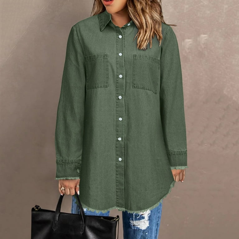 Women's Khaki Green Short Button Up Ladies' Stretch Denim Jacket