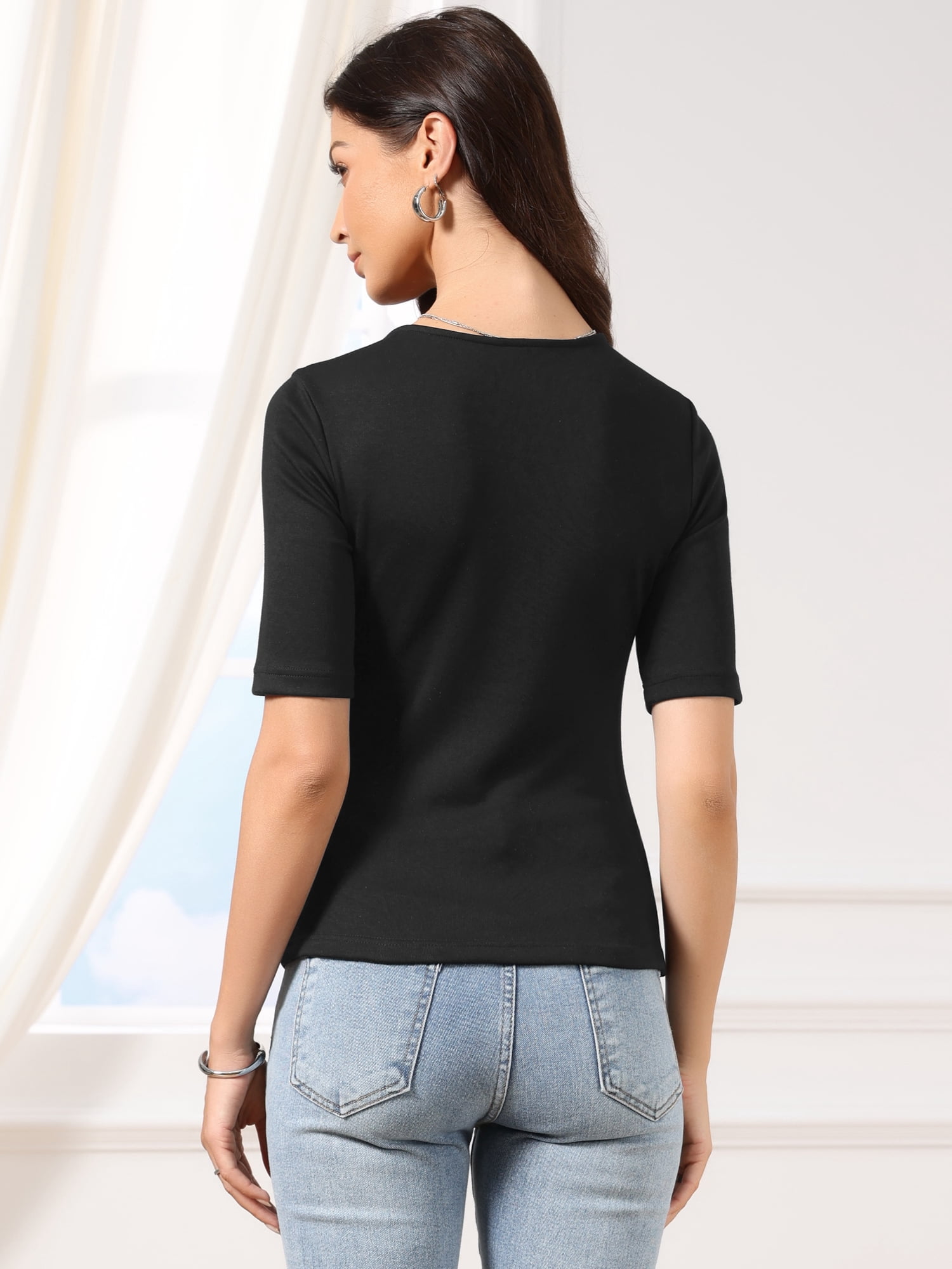 DARING DIVA Women's Square Neck Tops Half Sleeve Fitted Dressy Casual Blouse M Black