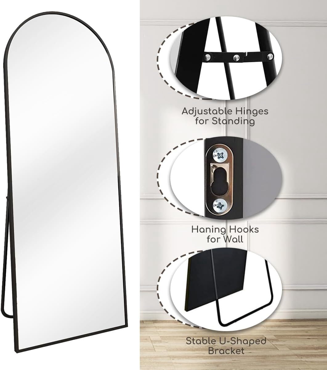Anyrose 58"x18" Full Length Arch Top Mirror with Metal Frame Stand Wall Mounted, Black