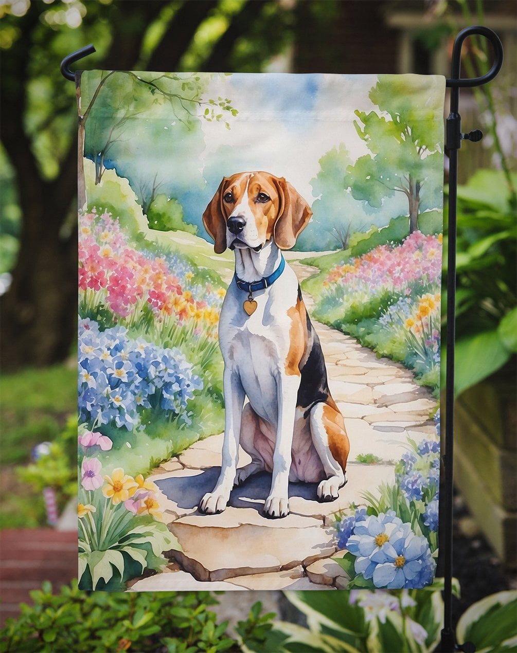English Foxhound Spring Path Garden Flag 11.25 in x 15.5 in