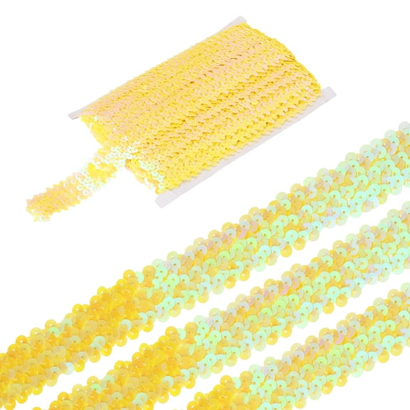 Uxcell 5 Yards 1.2 Inch Elastic Sequins Trim 3 Row Flat Sequin Strip Paillette Fabric Ribbon for Crafts DIY Fringe Sewing Costume Dress, AB Yellow