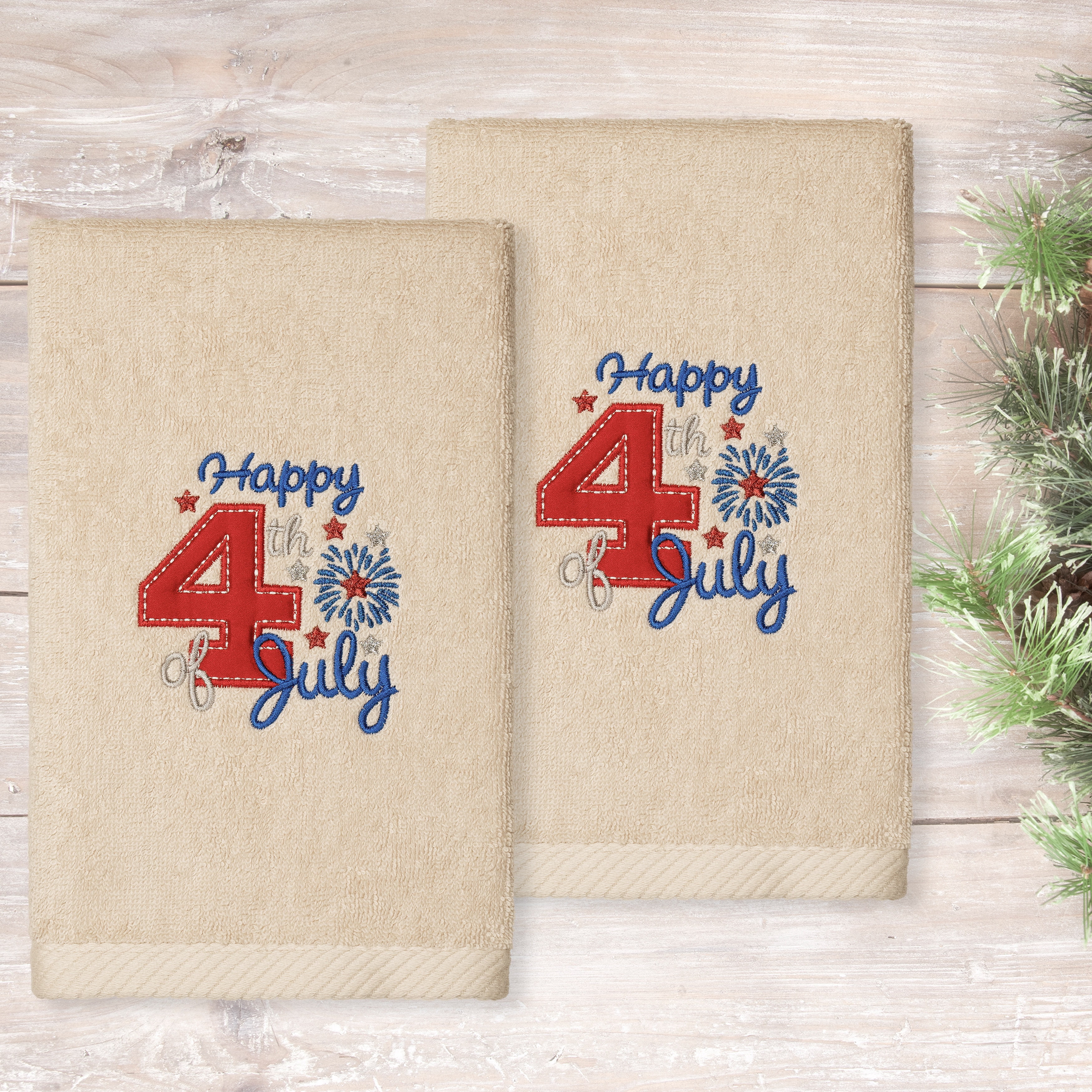 Linum Home Textiles 4th of July Embroidered Luxury 2 Piece Turkish Cotton Hand Towels, 16"x30", Sand Beige