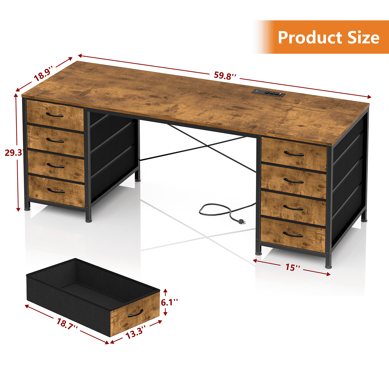 60 Inch Computer Desk with 8 Drawers, Home Office Desk with Power Outlets, Work Study Gaming Desk with 8 Fabric Drawers, Rustic Brown