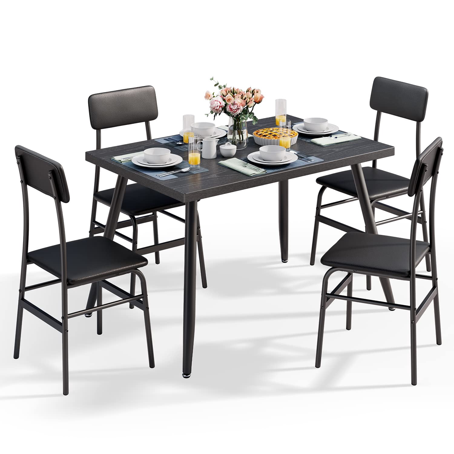 5-Piece Dining Table Set for 4, Modern Kitchen Table with 4 Chairs, Space-Saving Metal Frame & Wood Top Dining Set for Small Spaces, Apartment, Breakfast Nook -  Black