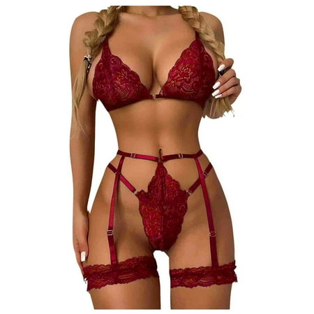 

BIZIZA Strappy Bra and Panty Set for Women Babydoll Lace Sexy Lingerie Sets 3 Piece with Garter Belt Red S