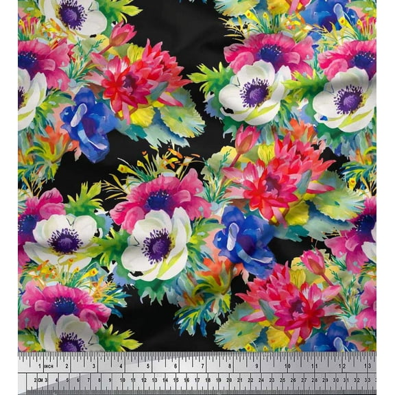 Soimoi Cotton Duck Fabric Leaves,Lotus & Anemone Floral Decor Fabric Printed Yard 42 Inch Wide