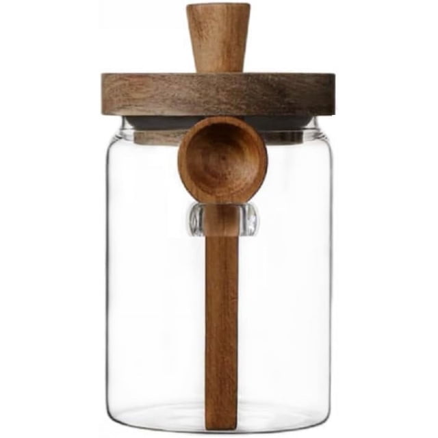 Frasco de vidrio con tapa de madera y cuchara, 20.3 oz, contenedor para almacenar alimentos, tarro para café, contenedor para posos de café, recipiente de vidrio para almacenar alimentos (1 paquete)