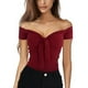 thumbnail image 5 of Blusa de verano para mujer con hombros descubiertos y manga corta, color puro, con lazo en la parte delantera, ajustada, 5 of 5