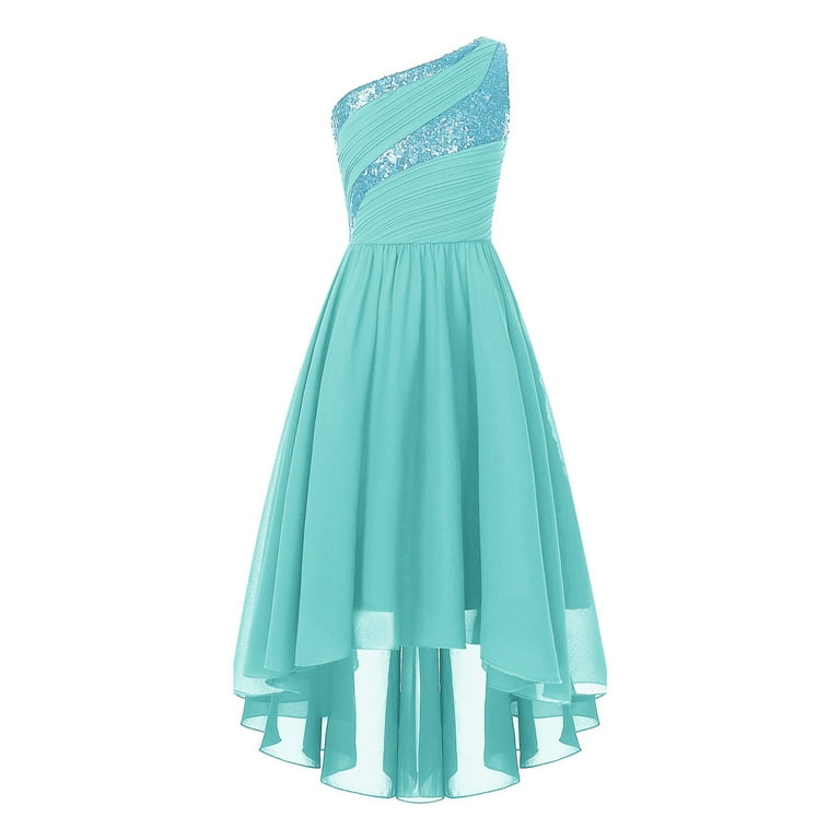 YONGHS Junior Bridesmaid Dresses Sequins Chiffon One Shoulder Flower Girl  High-Low Dress Turquoise 10 - Walmart.com