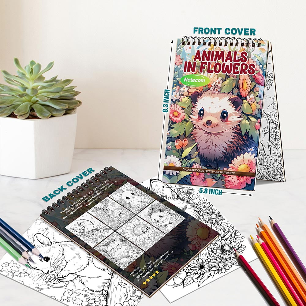 Netecom Animals in Flowers Coloring Book Spiral Bound For Adults, A5 Wooden Cover, 30 Beautiful Coloring Pages of Cute Animals and Vibrant Flowers for Stress Relief