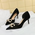 thumbnail image 5 of Zapatos de mujer para banquetes, tacón alto, ante, boca baja, puntiagudos, huecos en los laterales, hebilla de diamante con perlas y lazo, zapatos de salón individuales, 5 of 5