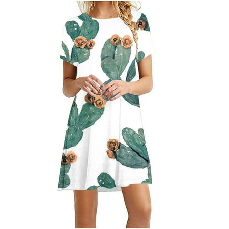 

YanHoo Women s Summer Dresses Holiday Short Sleeve Tshirt Dress Ladies Petite Girls Floral Print Dress