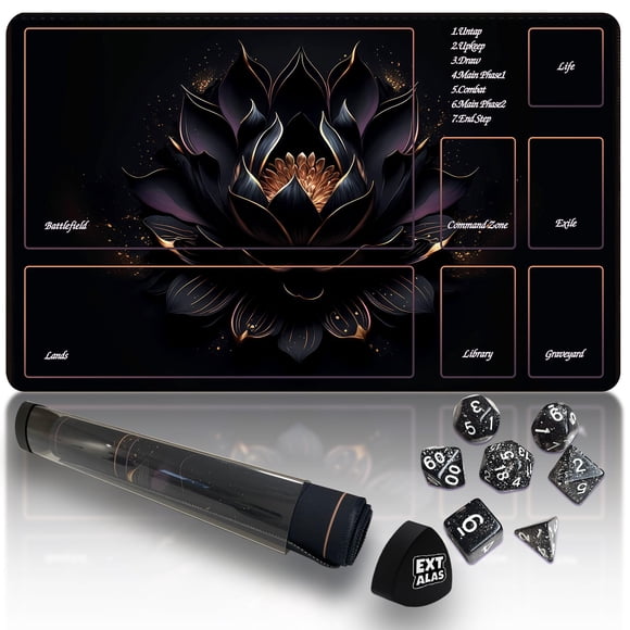 MTG Playmat Extalas TCG con tubo de almacenamiento y 7 dados Black Lotus