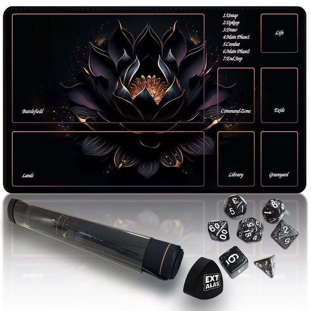 MTG Playmat Extalas TCG con tubo de almacenamiento y 7 dados Black Lotus