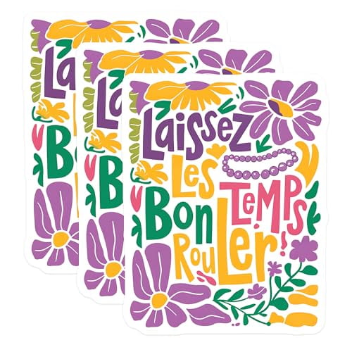 (3 Pack) Laissez Les Bons Temps Rouler Decals - Cajun Quote Stickers - Mardi Gras Decor - 3 Inches On Longest Side - Easy Peel & Apply - Made in USA - 3MCS2893