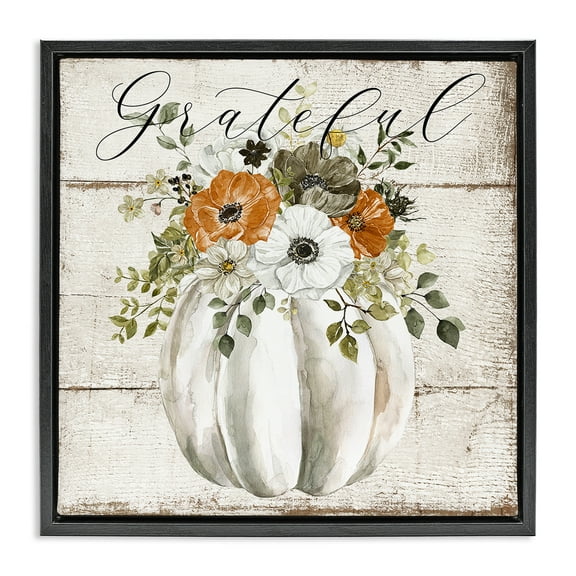 Stupell Industries Grateful Floral Pumpkin Holiday Painting Black Floater Framed Canvas Art Prints Wall Art, 18 x 18