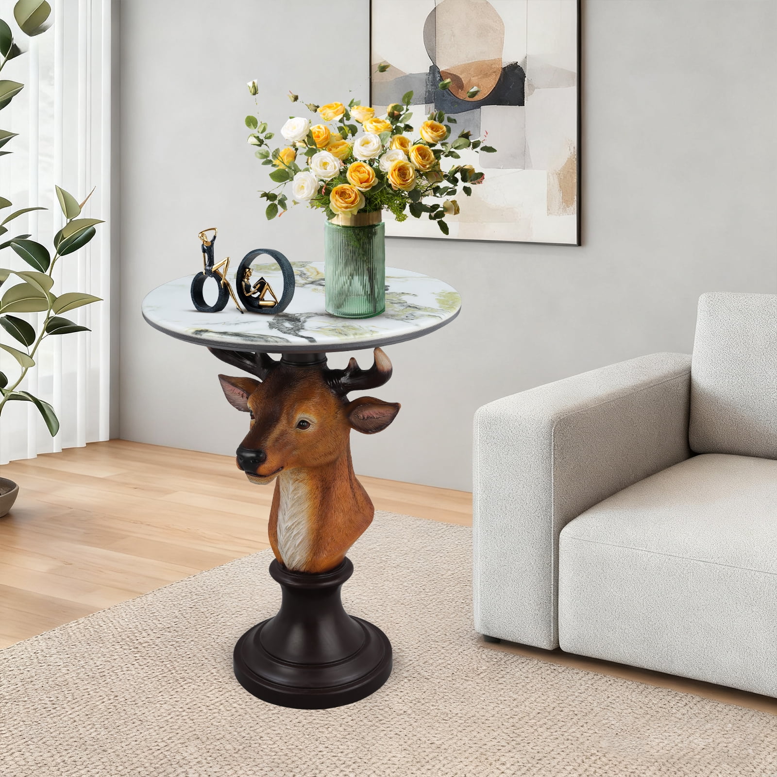 Deer Head Accent Table, Animal Statue End Table with Faux Marble Top, Resin Sculpture Side Table for Living Room, Cabin, Lodge, Rustic Decor, Brown