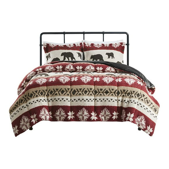 Woolrich 104" 3-Piece Fabric Tunbridge Print Sherpa Comforter Set in Red/Black