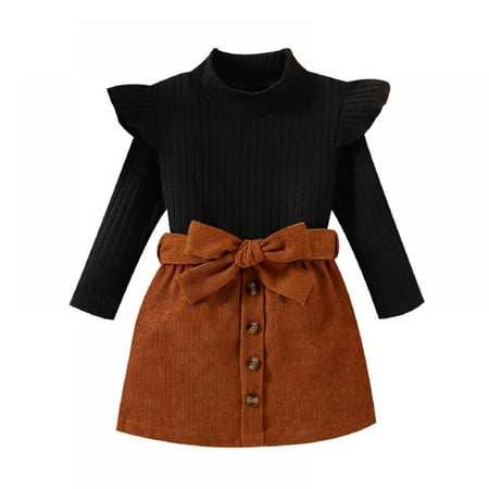 

Baozhu Kids Toddler Baby Girl Fall Outfit Ruffle Ribbed Knitted Pullover Top Skirt Set Mini Skirt 2PCS Clothes Set