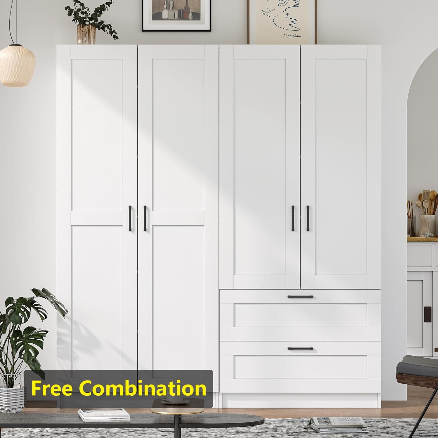 Fddevelop White Tall Wood Kitchen Pantry Cabinet with Doors and Adjustable Shelves  71”H