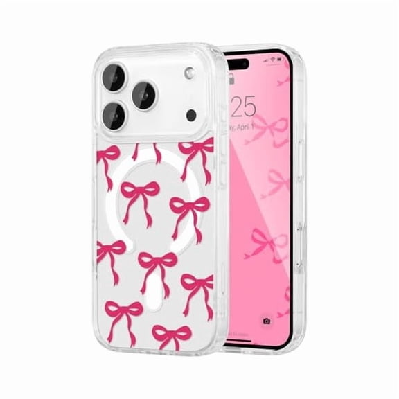 ZHU997 Magnetic for iPhone 17 Pro Max Case, Bow Case Compatible with MagSafe, Wireless Slim Clear Ribbon Aesthetic Phone Cover Anti-Yellowing Shockproof Protective Cover for Women Girl - Hot Pink