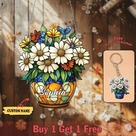 Personalized Daisy Acrylic Suncatcher – Custom Name Hanging Ornament, Stained Glass-Inspired Window Decor for Nature & Garden Lovers