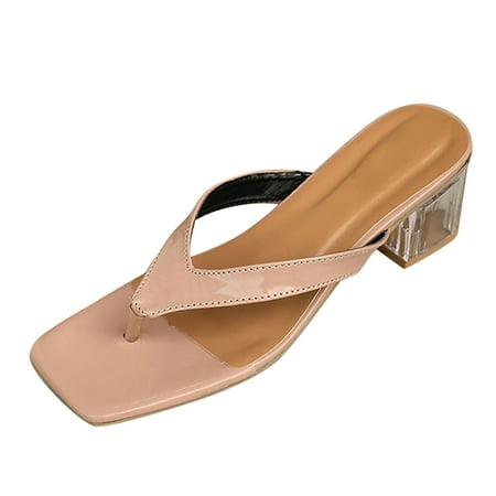 

CLZOUD Sandals Women Dressy Summer Khaki Fashion Spring and Summer Women Sandals Heel Square Toe Solid Color Comfortable Flip Flops Casual Style 38