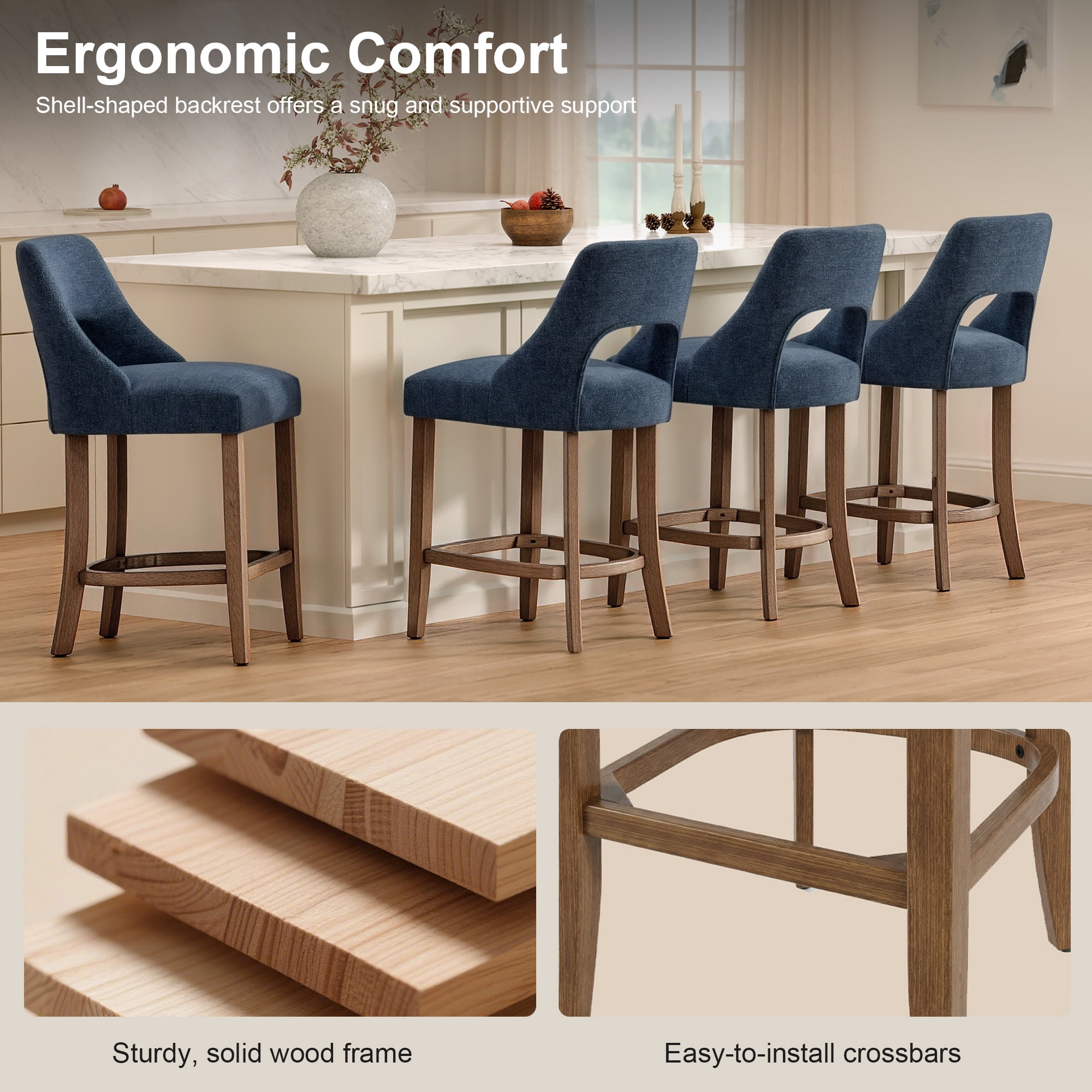 Jopath Set of 2 Bar Stools, Upholstered Counter Height Bar Stools, Modern Counter Stools with Wood Legs for Kitchen Island Dining Room Bar Navy