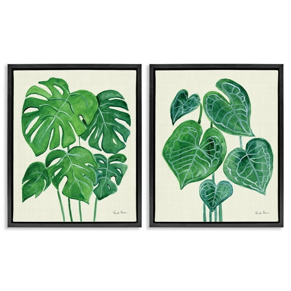 Stupell Industries Thriving Detailed Monstera Leaves Plants & Flowers Painting Black Floater Framed Canvas Art Print Wall Art, 17 x 21, Set of 2