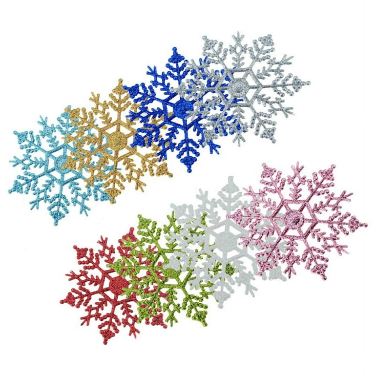 12 Pack Silver Snowflake Ornaments Plastic Glitter Snow Flakes Ornaments  for Winter Christmas Tree Decorations Size Varies Craft Snowflakes