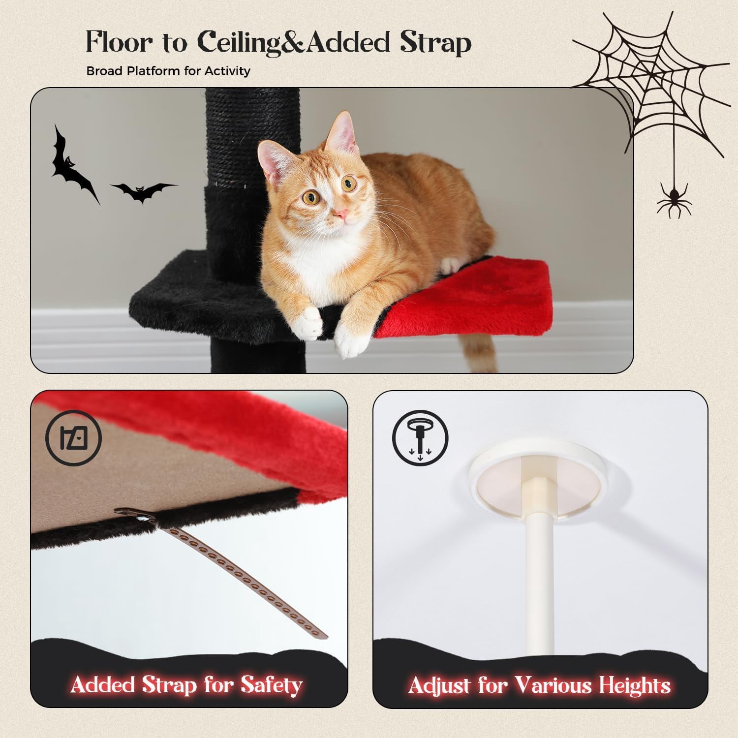 Gothic Cat Tree, Floor to Ceiling Cat Tower with Adjustable Height (86.8-120 Inches), 5 Tiers Black Cat Condo with Cozy Hammock, Fully Scratching Posts and Dangling Balls for Indoor Cats