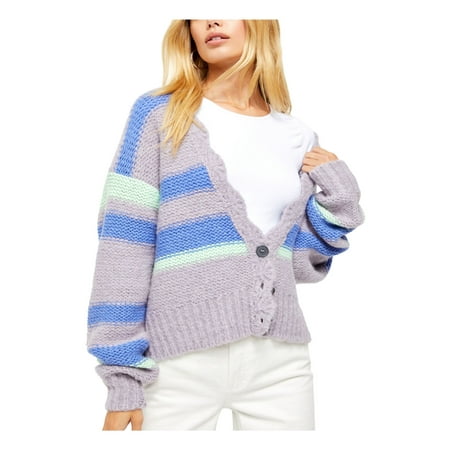 FREE PEOPLE Womens Purple Striped Long Sleeve Open Cardigan Sweater Size: S
