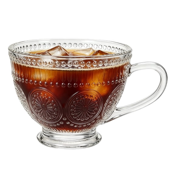 Glass Coffee Mugs with Handles,Vintage Sunflower Embossed Mug Large Capacity 13 oz,Borosilicate Clear Cups for Coffee, Milk, Tea, Beverages,Juice