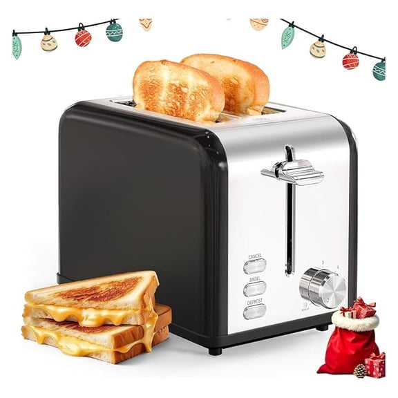 2-Slice Toaster, Stainless Steel Toaster with 6 Settings & Extra Wide Slots for Bread, Waffles - Black