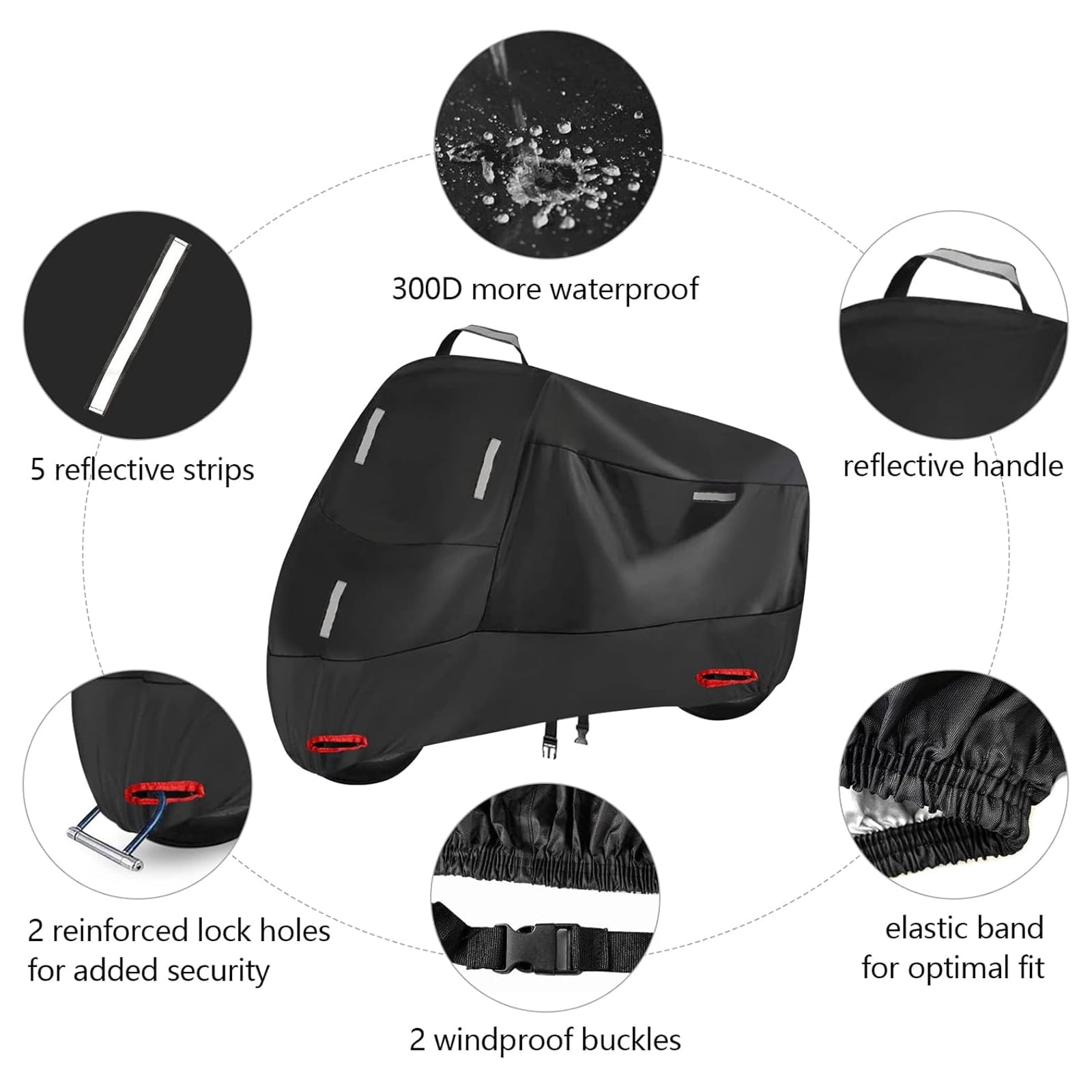 300D Heavy Duty Motorcycle Cover - All Season Waterproof Outdoor Protection with Lock-Holes, Night Reflective & Storage Bag Fits up to Cruiser, Touring, Sportbike, Dirt Bike, Scooter(XXL))