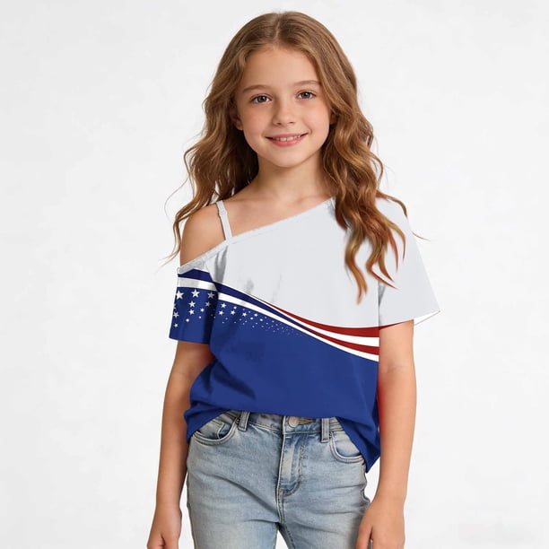 Odeerbi Niñas 4 de Julio Camiseta de Un Hombro Manga Corta Día de La Independencia Tops Gráficos
