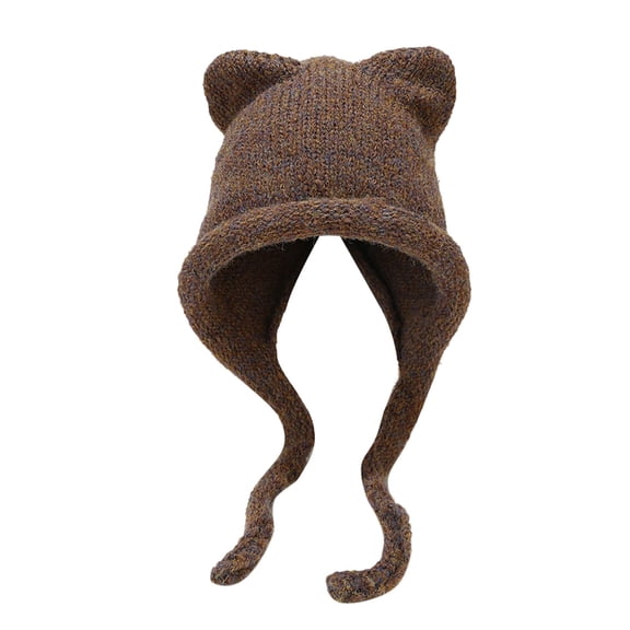 Riforla New Cat Ear Braid Knitted Hat Winter Outdoor Warm Cute Braid Hair Hat Ear Cold Hat Bomber Hats Brown