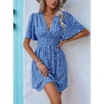 thumbnail image 4 of Women Summer Casual Floral Print Short Flutter Sleeve Mini Dress Casual Sundress V Neck Sun Dresses Blue M, 4 of 9