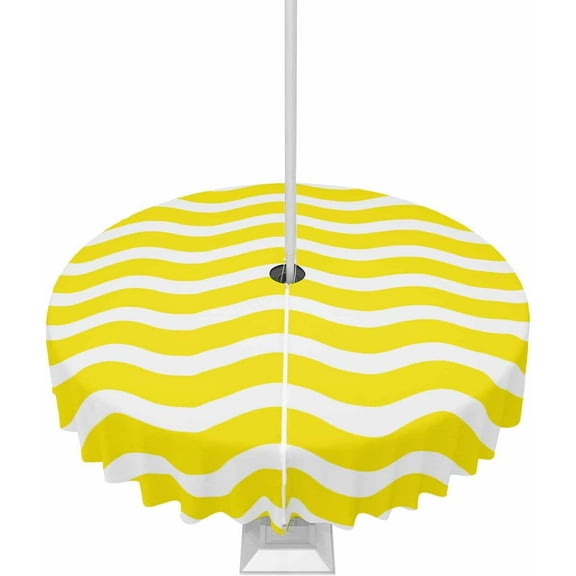 Outdoor Tablecloth with Umbrella Hole and Zipper 60R Yellow Ripples Stripes Table Cover for Round Tables Waterproof Tabletop Collection for Patio Garden Picnic Camping