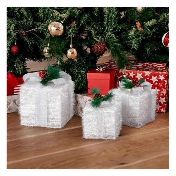 Gift Boxes Decorative 3pcs Set, 7-6-5in White Nesting Boxes for Christmas Decor, Holiday Gift Packaging, Garden Home Ornament